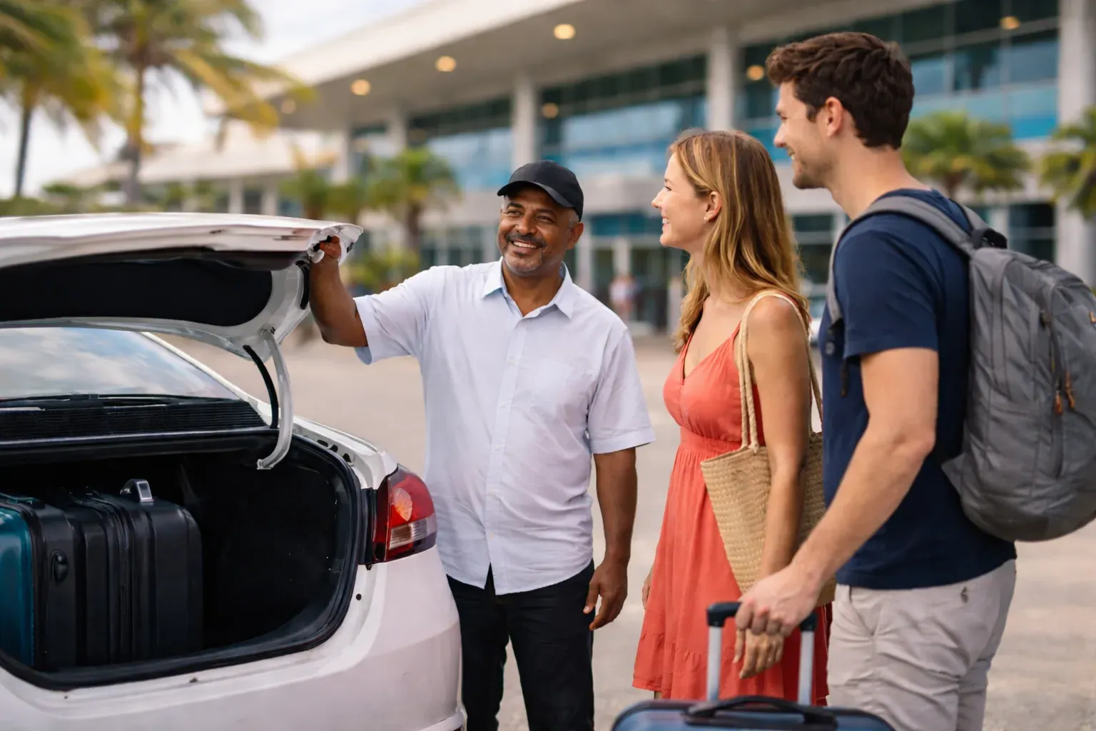 Smiling Aruba taxi driver holding the trunk open for a happy young couple at the airport