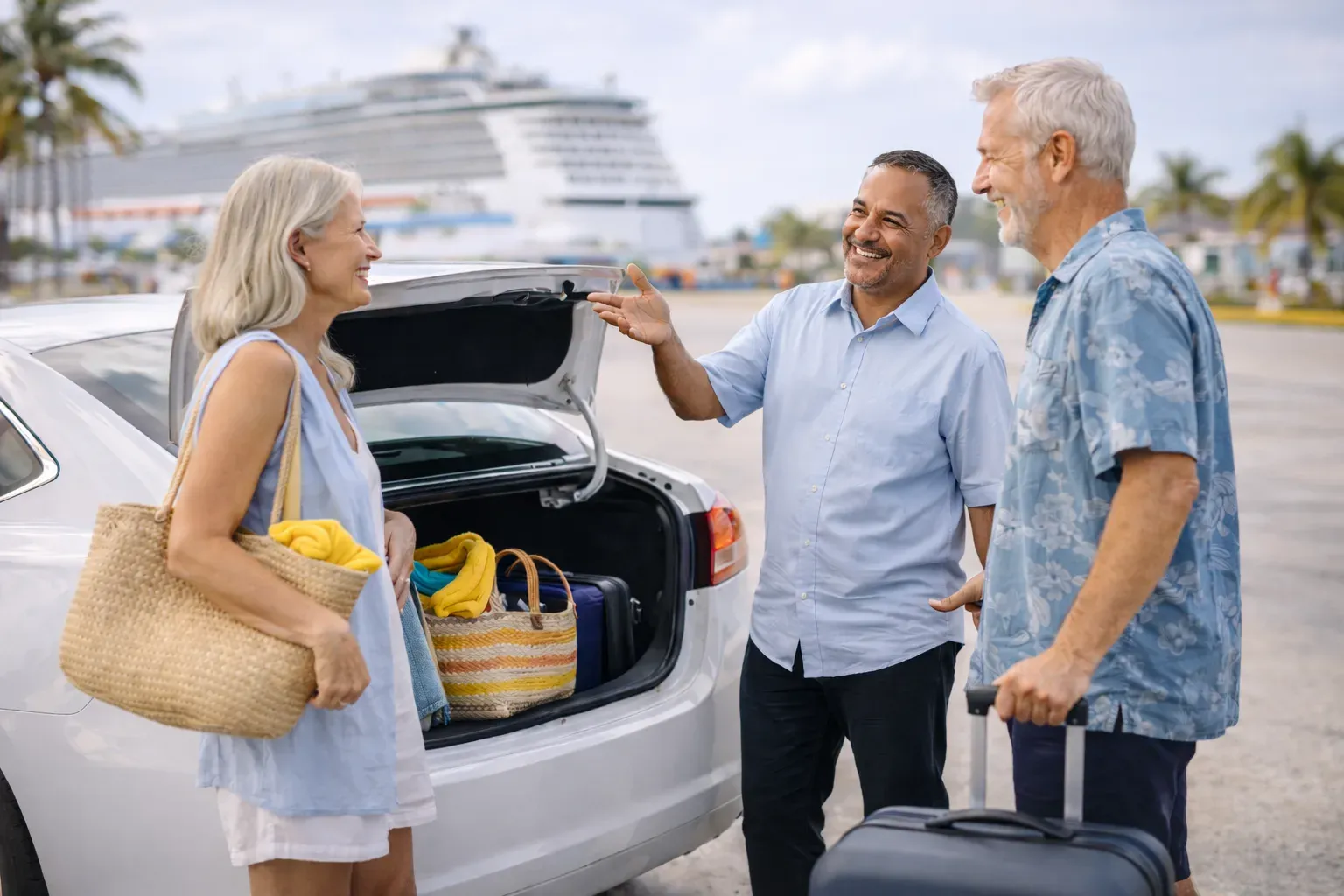 Taxi driver helping an elderly couple load bags into the trunk with a cruise ship in the background