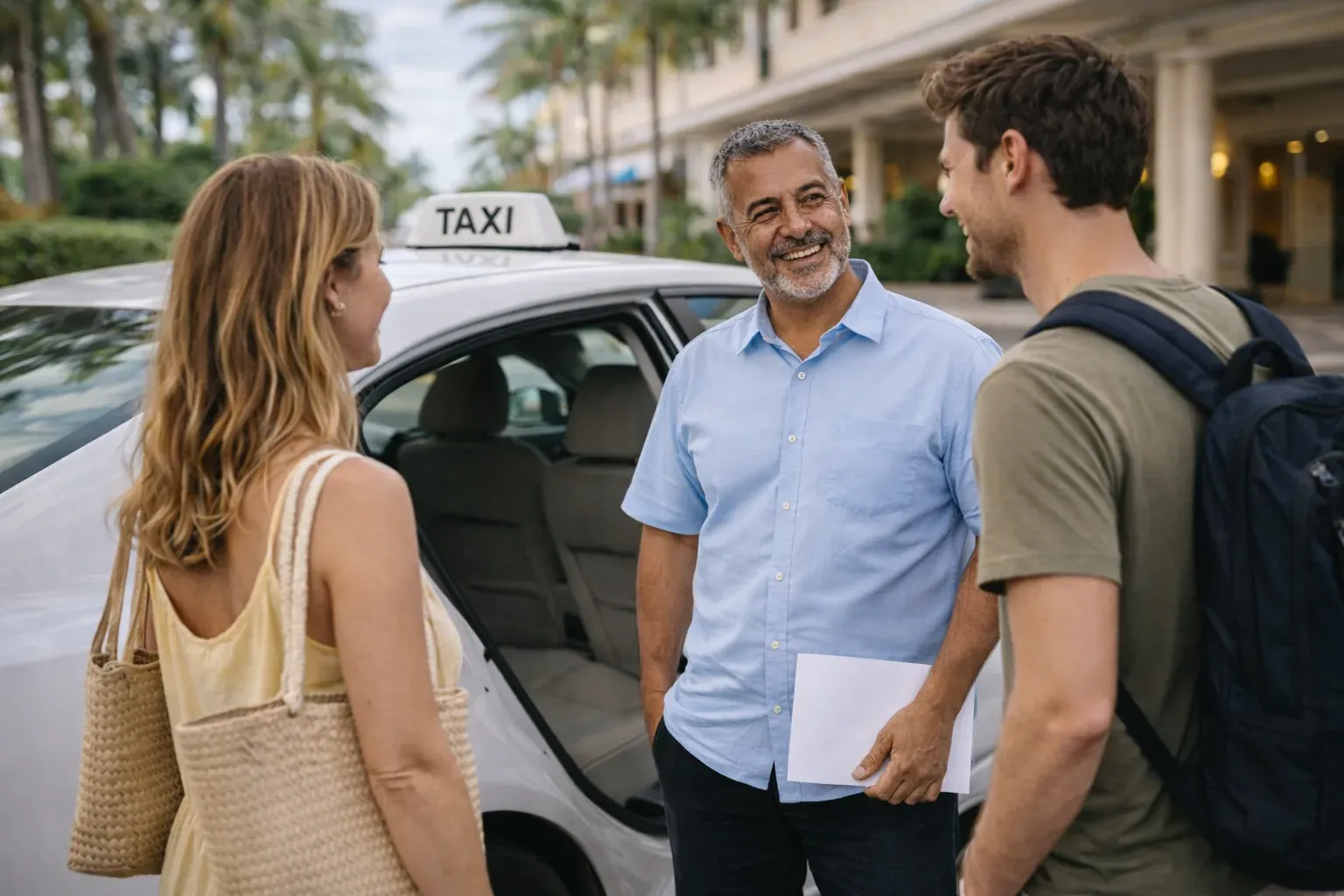 Aruba taxi driver holding a fare price list and chatting with a young couple outside a hotel