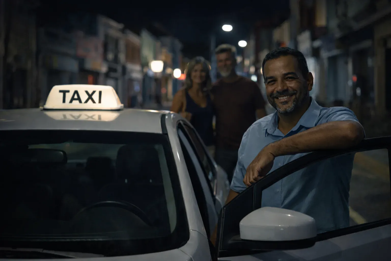 Aruba taxi driver smiling at the camera at night with two tourists approaching