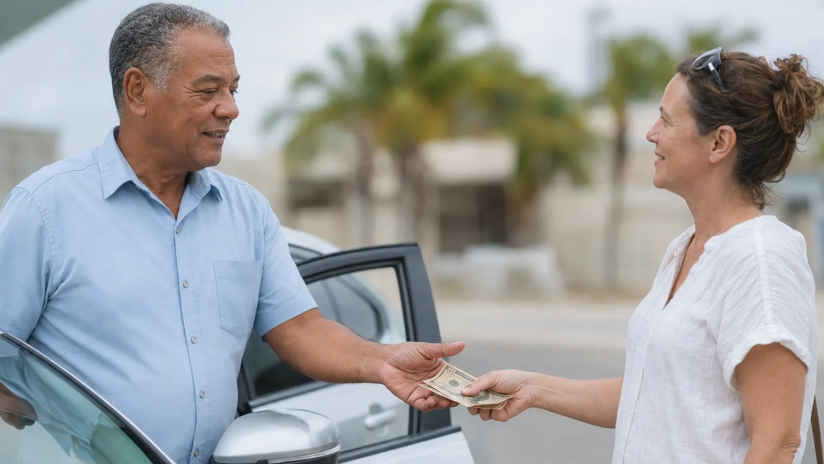 Aruba taxi driver receiving cash from a passenger at the curb
