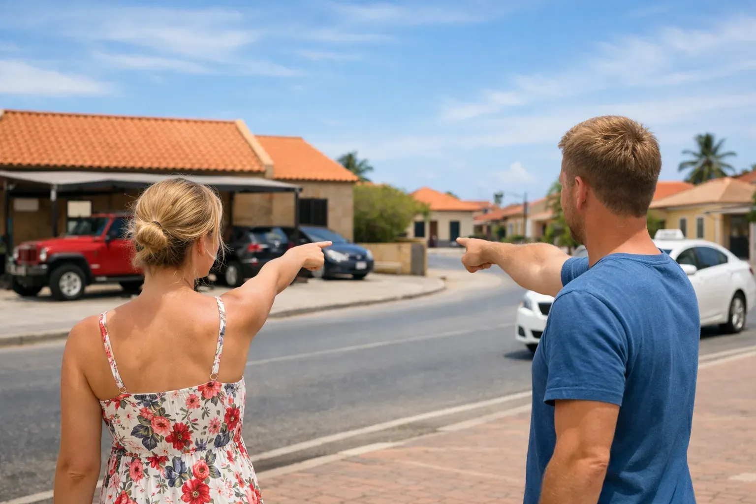 Couple deciding between an approaching taxi and a red jeep at a small Aruba car rental lot
