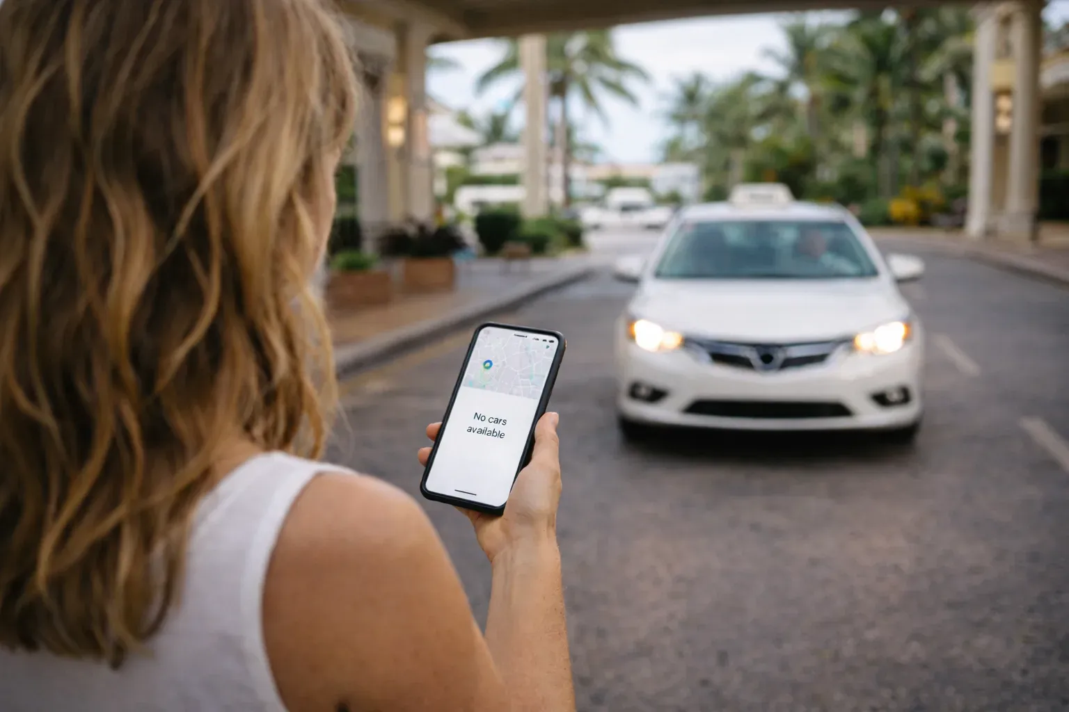 Woman looking at a rideshare app with no rides available while an Aruba taxi approaches